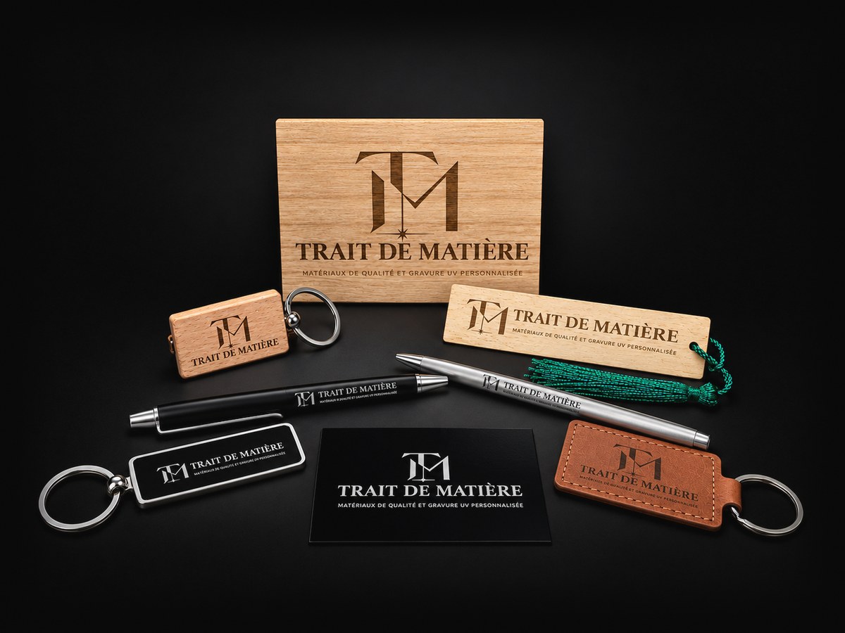 Plaque en bois, porte-clés, stylos, marque-page et carte gravés au nom de Trait de Matière