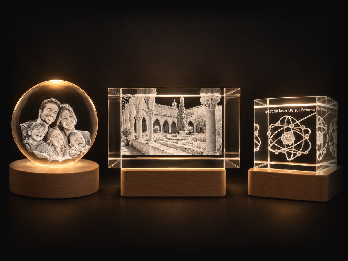 Trois cristaux gravés en interne sur socles lumineux : une sphère, un bloc et un cube