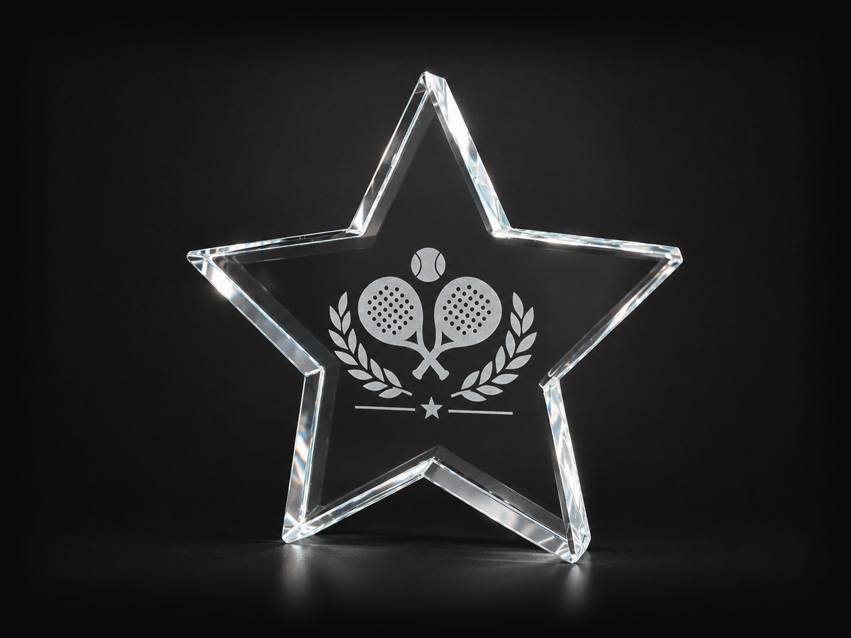 Trophée en cristal en forme d'étoile gravé d'un motif de padel